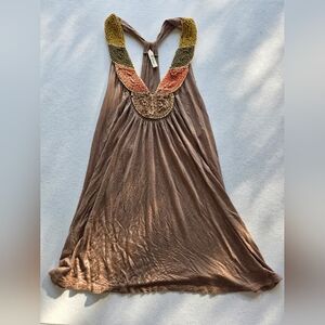 Vintage D'Closet Boho Beaded Halter Tank Top in Brown